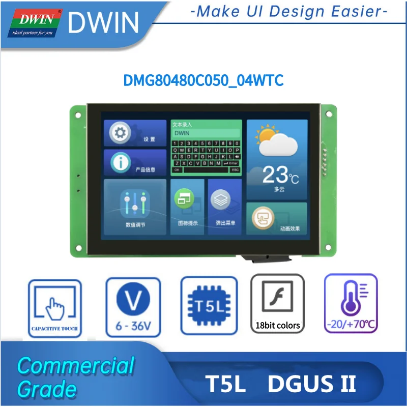

DWIN 5-inch T5L DGUS System UART TFT LCD Display 800*480 262K Colors Commercial Grade TTL RS232 RGB Interface 18-bit 250nit