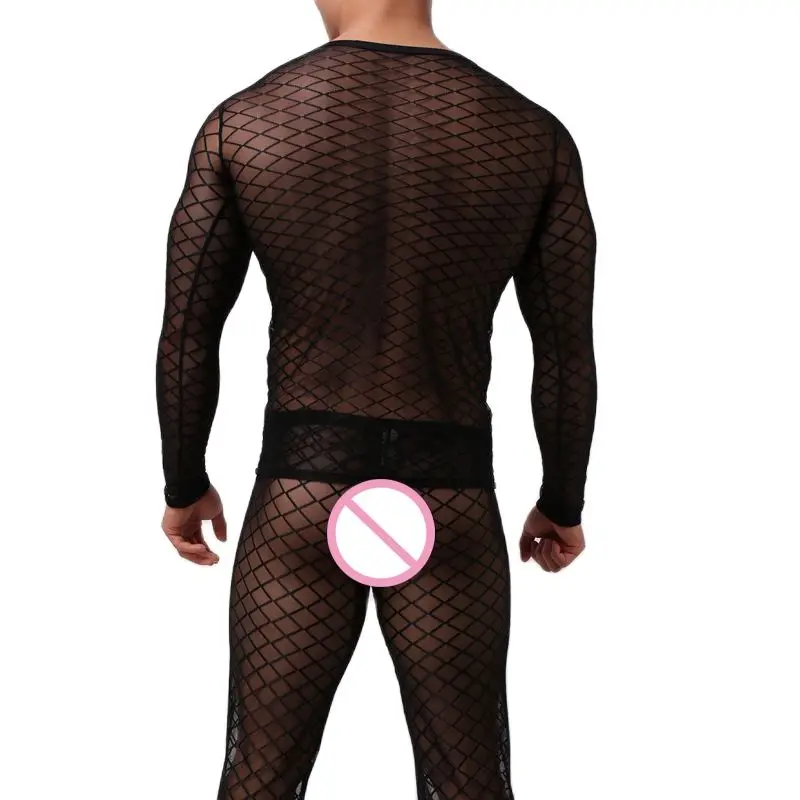 CLEVER-MENMODE Mesh Pajamas Set Men Sleepwear Sexy Fishnet Long Sleeve Erotic Grid Singlet T Shirt Thin Tops Undershirt Pants