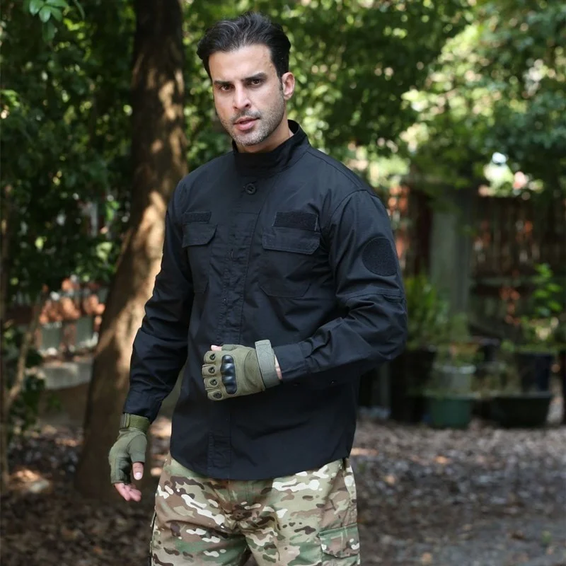 

Army Fan Mens Long Sleeve Tactical Shirt Spring Autumn Stand Collar Cardigan Jacket Tops Outdoor Combat Training Military Shirt