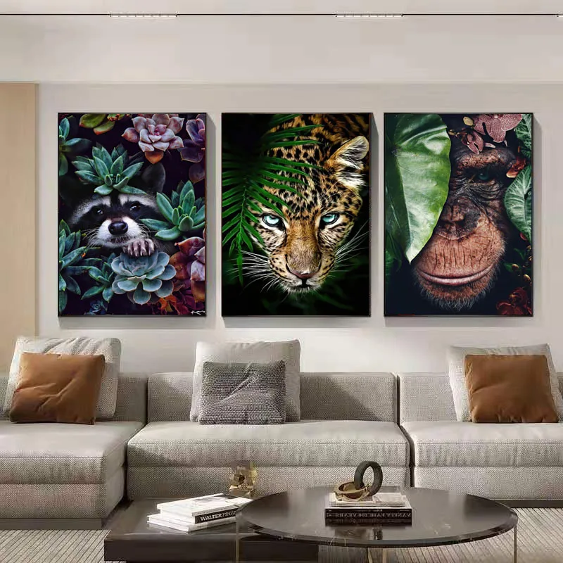 

Wild Animal Wall Art Canvas Painting with Frame Elephant Lion Monkey Zebra Poster and Prints Living Room Bedroom Decor Picture