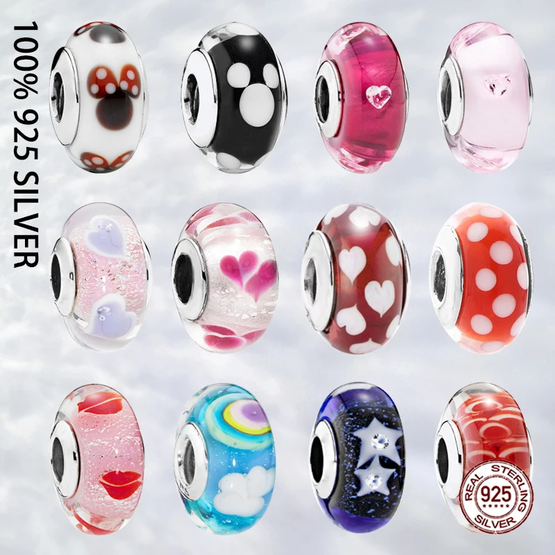 

Fit Original Real 925 Sterling Silver Colorful Rainbow Glass Bead Charm For Women Bracelet Trinket DIY Jewelry