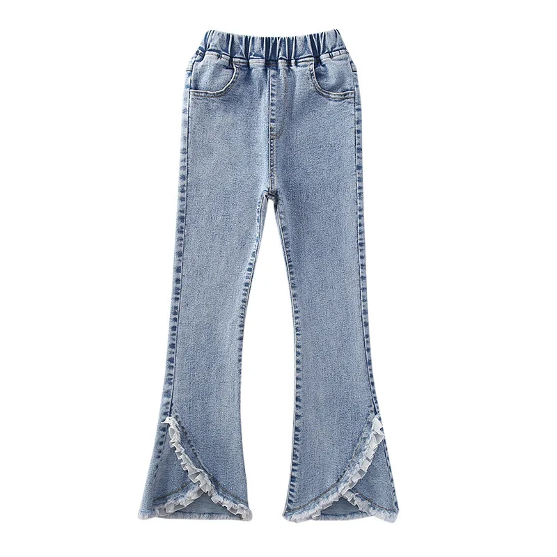 

2022 Girls Jeans for 4-14years Old Children's Cotton Denim Flare Lace Pants Teenages Spring Autumn Mid-Waist Princess Trousers