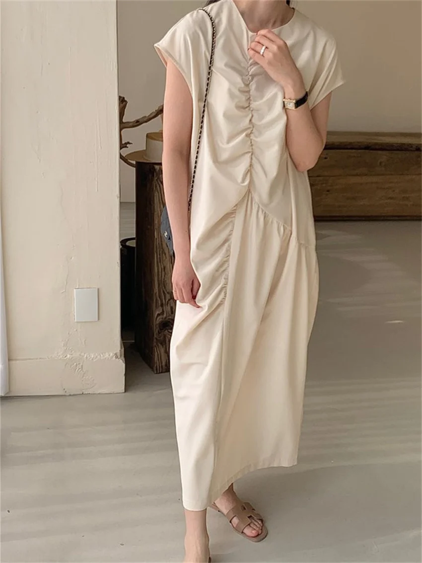 

HziriP Summer New Drawstring Long Dress Solid Fashion Chic Women 2022 Puff Sleeve Straight Casual Office Lady Hot Slim OL