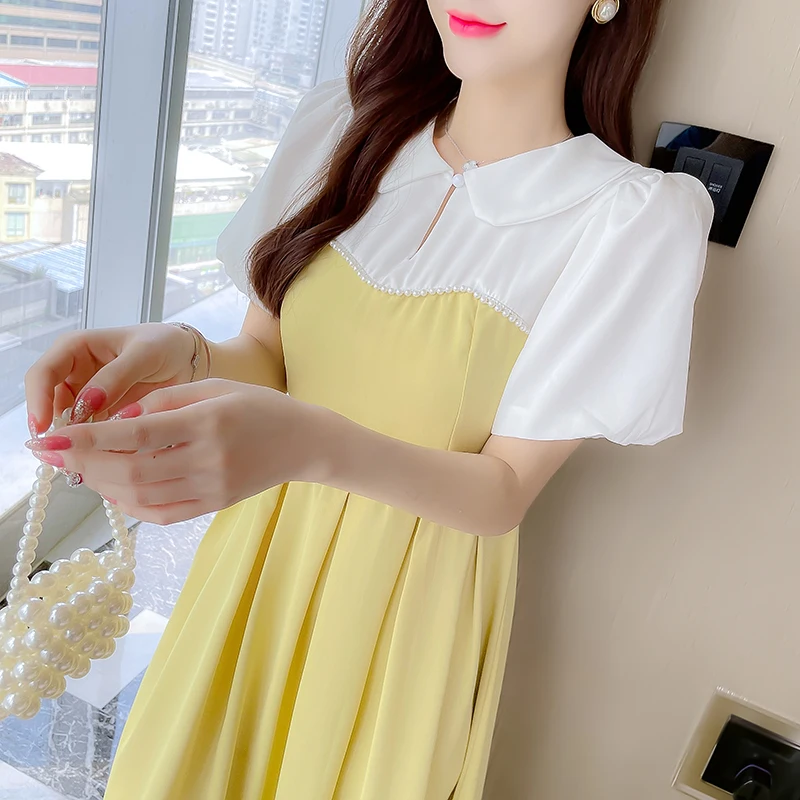 

Женское винтажное платье в стиле пэчворк COIGARSAM, светильник-желтое платье в стиле пэчворк с воротником «Питер Пэн» и жемчужинами, Новинка лет...