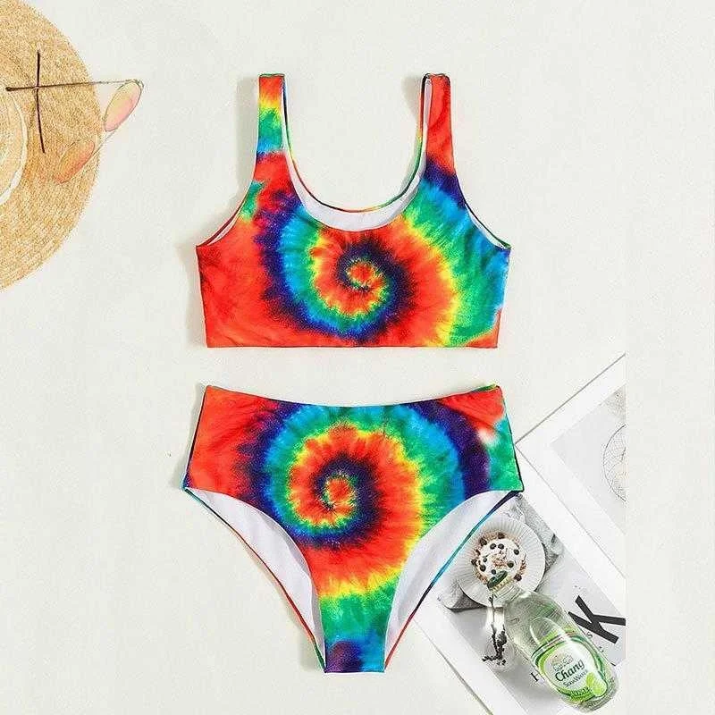 

Fashion Printed Tube Top High Waist Split Swimsuit Female Springs Conservative