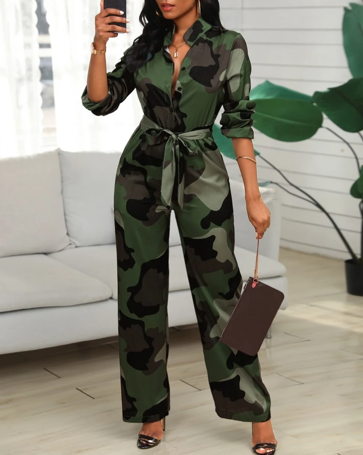 

Women Clothing V Neck Camouflage Print Buttoned Jumpsuit Casual Three Quarters Sleeve Street Jumpsuit with Belt