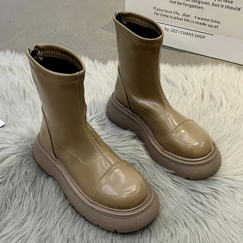

Thick-soled Boots Female Autumn Chelsea Boots Female Round Head 2022 Female Roman Style PU Leather Luxury Designer Women's Boots