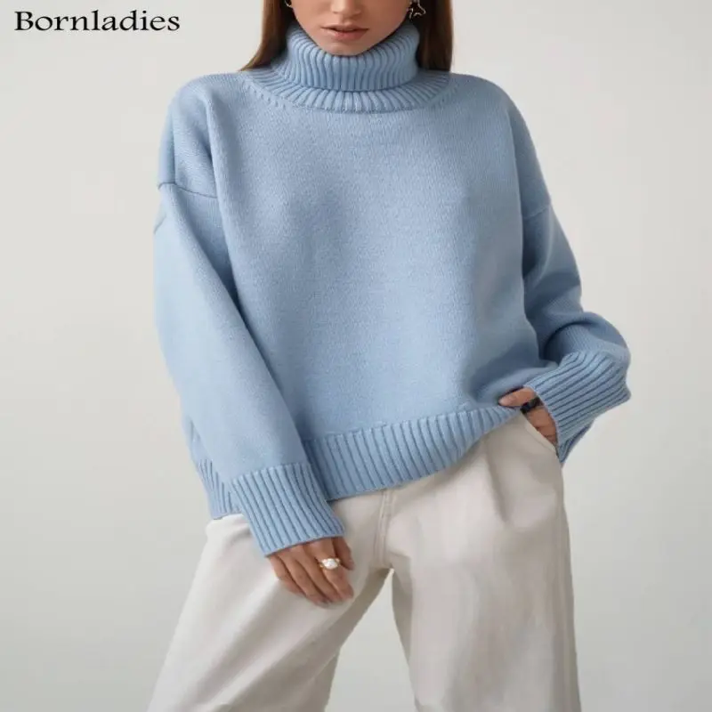 

Bornladies Women Turtleneck Sweater CHIC Autumn Winter Thick Warm Pullover Top Oversized Casual Loose Knitted Jumper Female Pull