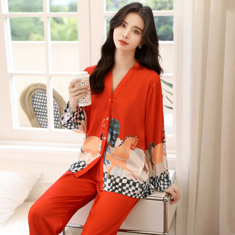 

QSROCIO New Women's Pajamas Set Luxury Print Sleepwear V Neck Kimono Casual Homewear Satin Silk Like Nightwear Femme Petite