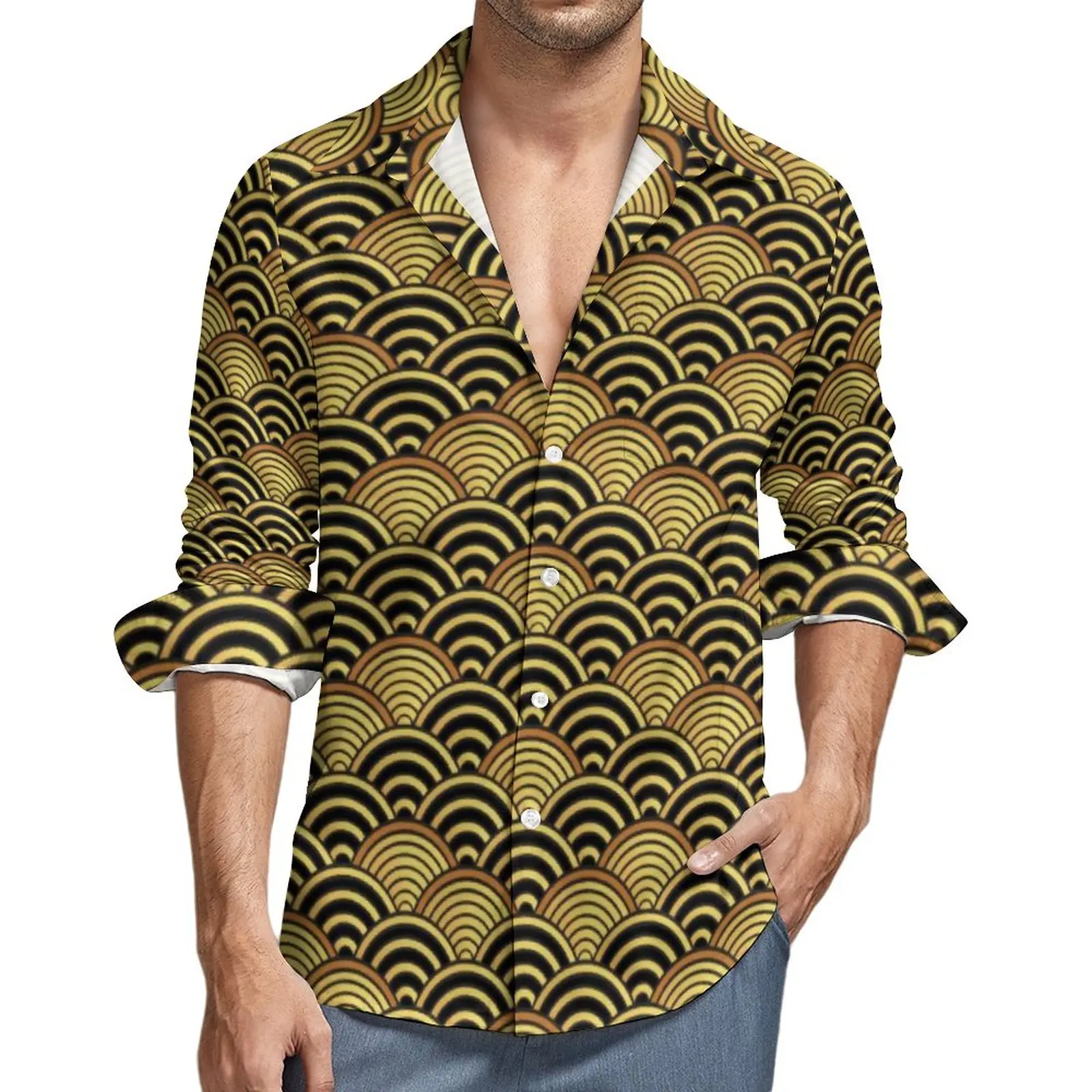 

Gold Seigaiha Shirt Autumn Japanese Wave Print Casual Shirts Mens Trending Blouses Long Sleeve Graphic Stylish Tops Large Size
