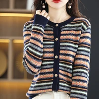 spring and autumn new o neck cashmere sweater series womens pure wool cardigan coat literary striped knitted sweater ladies top