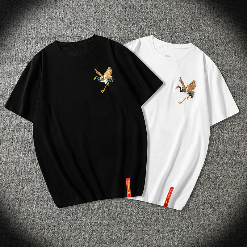 

Harajuku Embroidery Crane Tees Shirts Mens 2023 Hip Hop Streetwear Tshirts Summer Fashion Casual Short Sleeve Tops Male