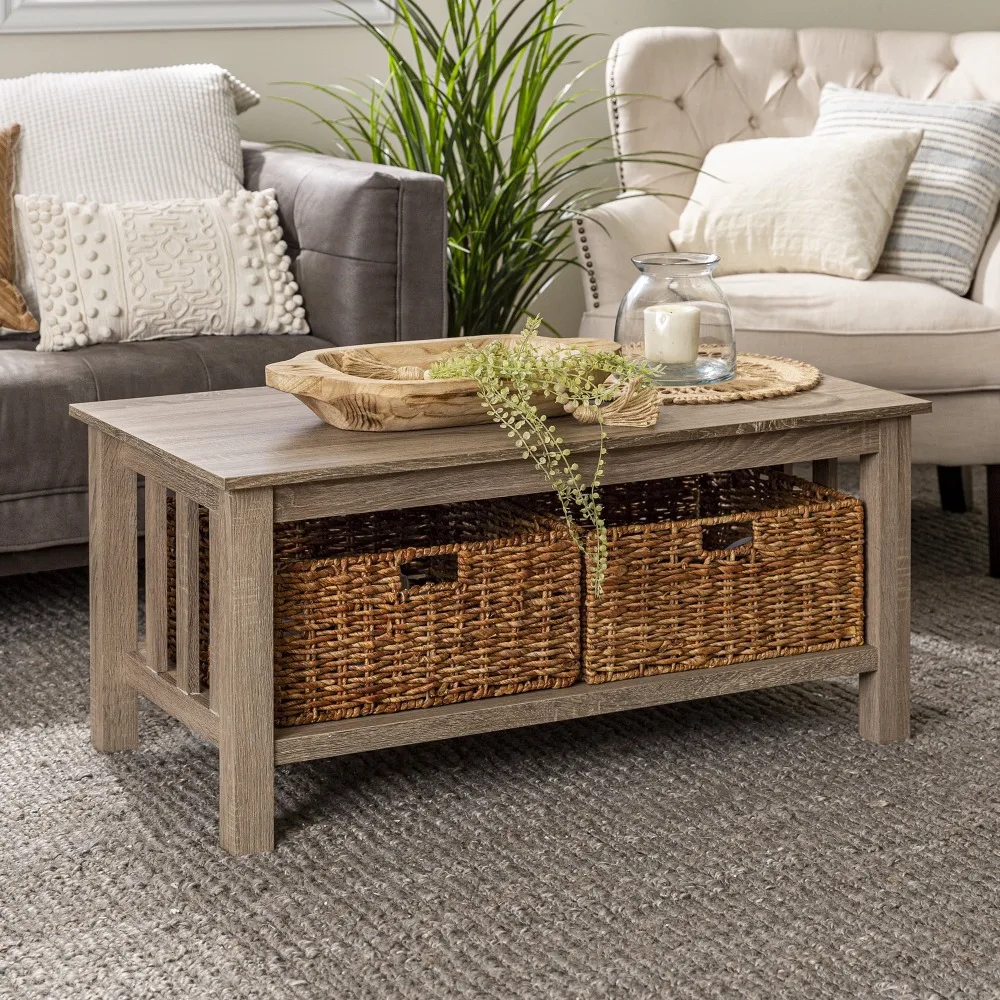 

Fast Shipping Woven Paths Traditional Storage Coffee Table with Bins, Driftwood