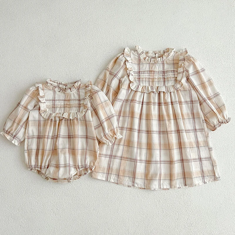 

Korean Style Long Sleeved Cotton Lattice Girls Princess Dress Toddler Baby Bodysuits Sisters Clothes Autumn Kids Party Dress