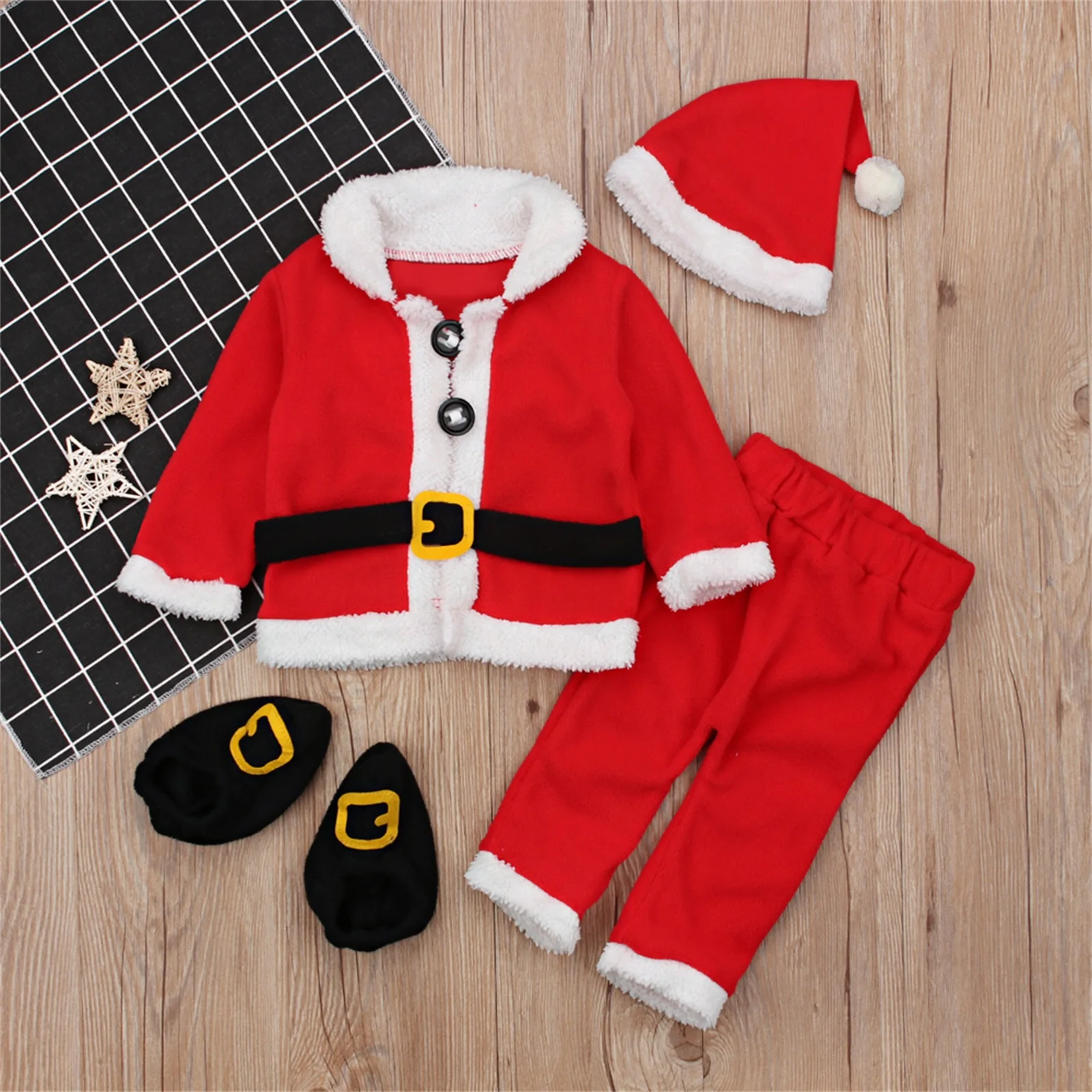 

Kid Christmas Costume Santa Red Velvet Long Sleeve Buttons Coat+ Long Pants+ Party Hat+ Boots Shoes Cover for Boys Girls