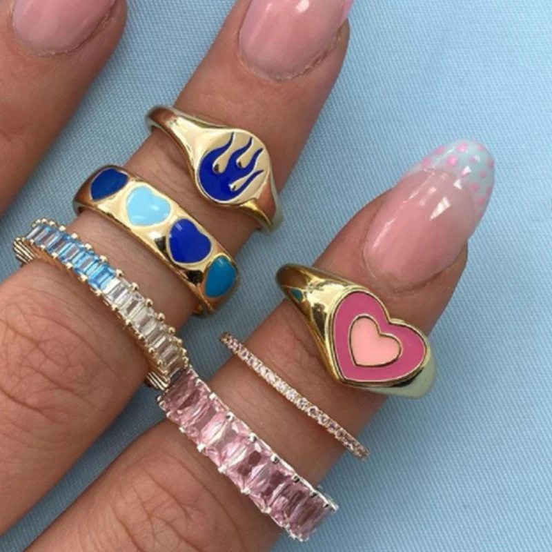 Кольцо женское эмалированное с сердцем и смайликом | Кольца