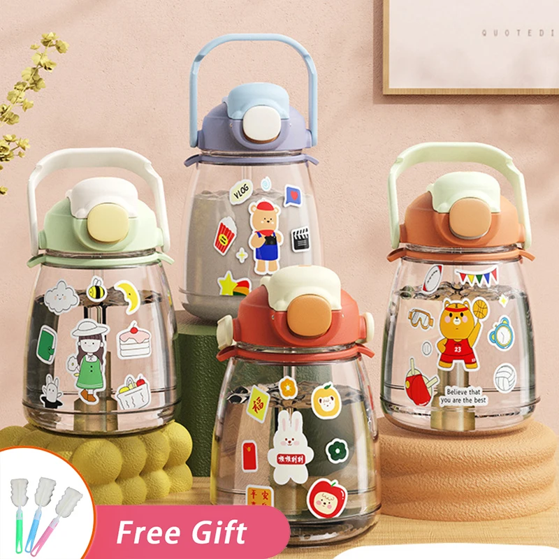 

Portable Kid Kawaii Cup Large Capacity Sport Straw Kettle Cute Water Bottle For Girl 1.1L Double Drinking Mouth Plastic Tumbler