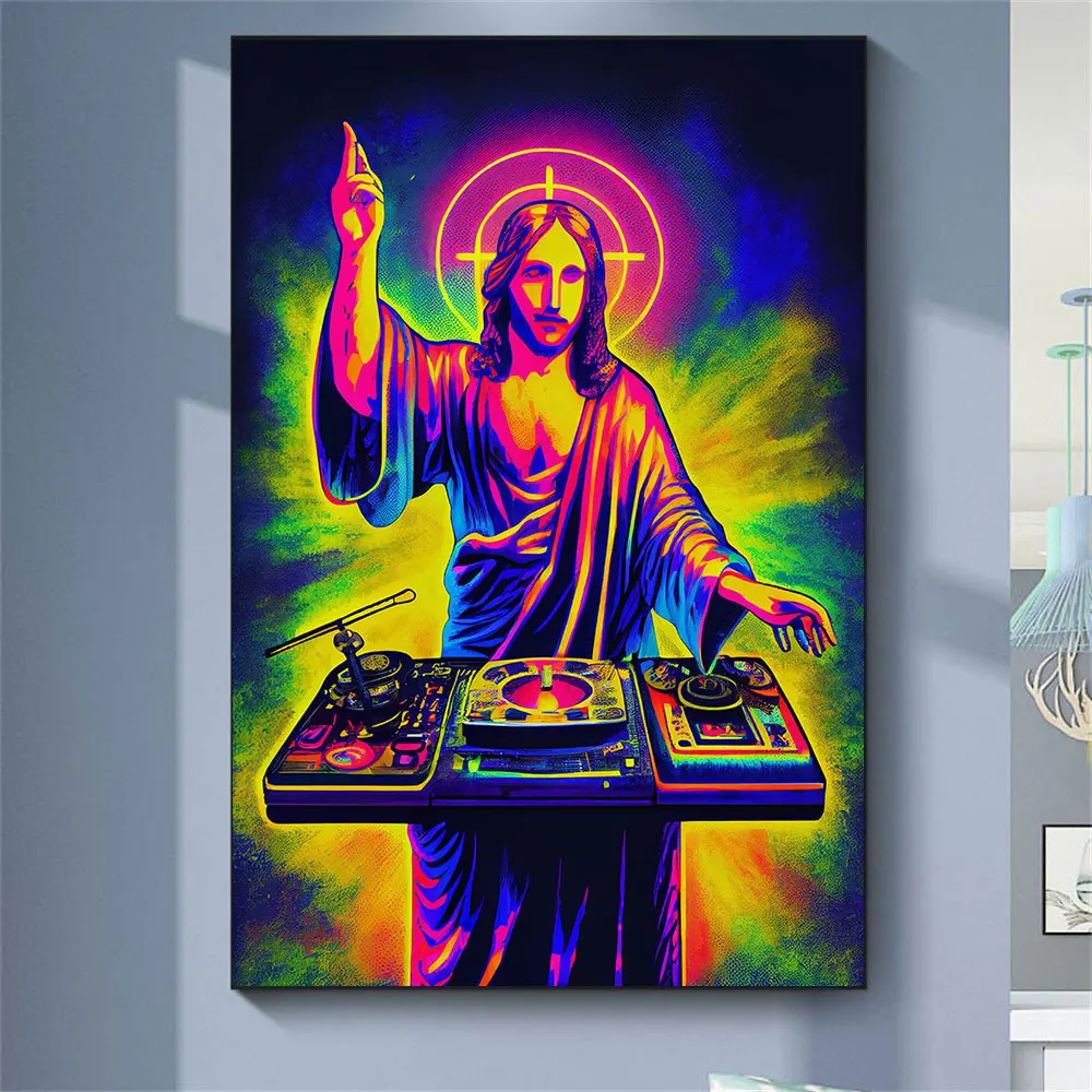 

DJ Jesus Abstract Canvas Painting Psychedelic Colorful Poster Print Funny Wall Art Picture for Living Room Home Decoration