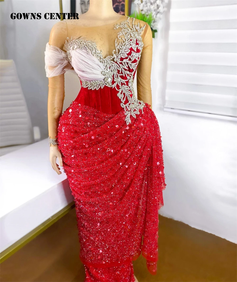 

Женское вечернее платье-Русалка Aso Ebi, красное элегантное платье с длинным рукавом, украшенное бусинами и кристаллами, роскошное платье на день рождения, 2023