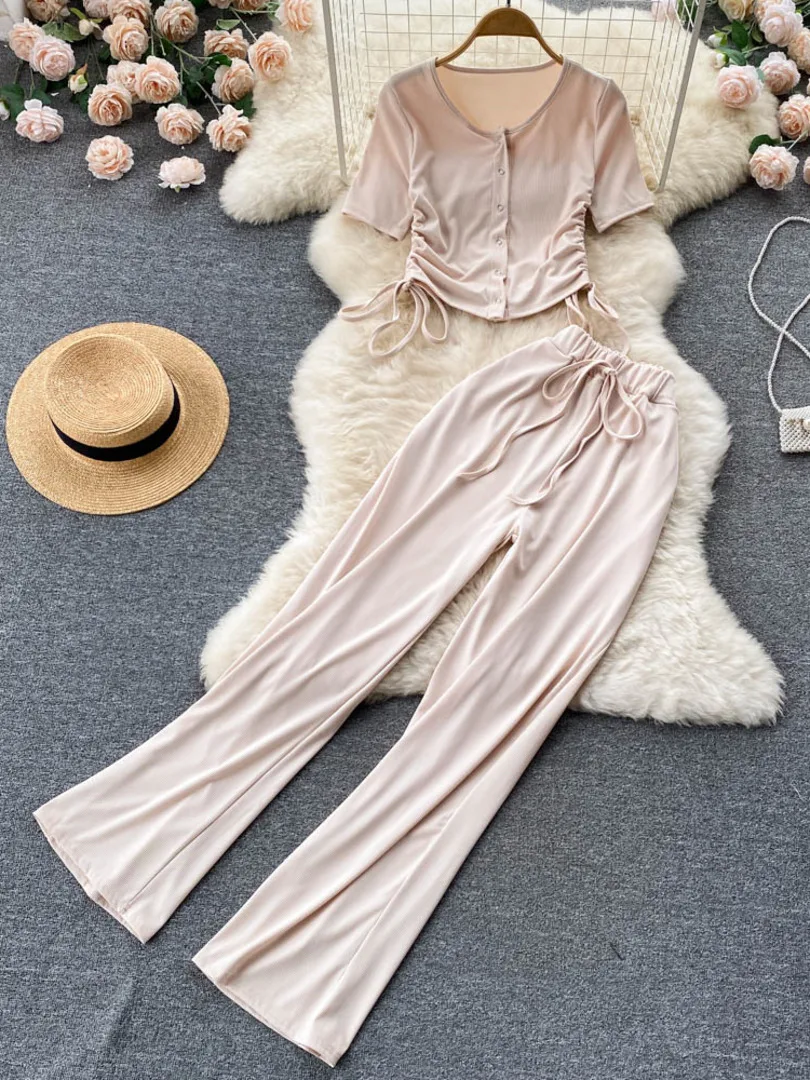 

Casual Women 2 Piece Set Fashion Streetwear Solid O-neck Short Sleeve Drawstring Ruched Crop Top and Wide Leg Long Pants Suits