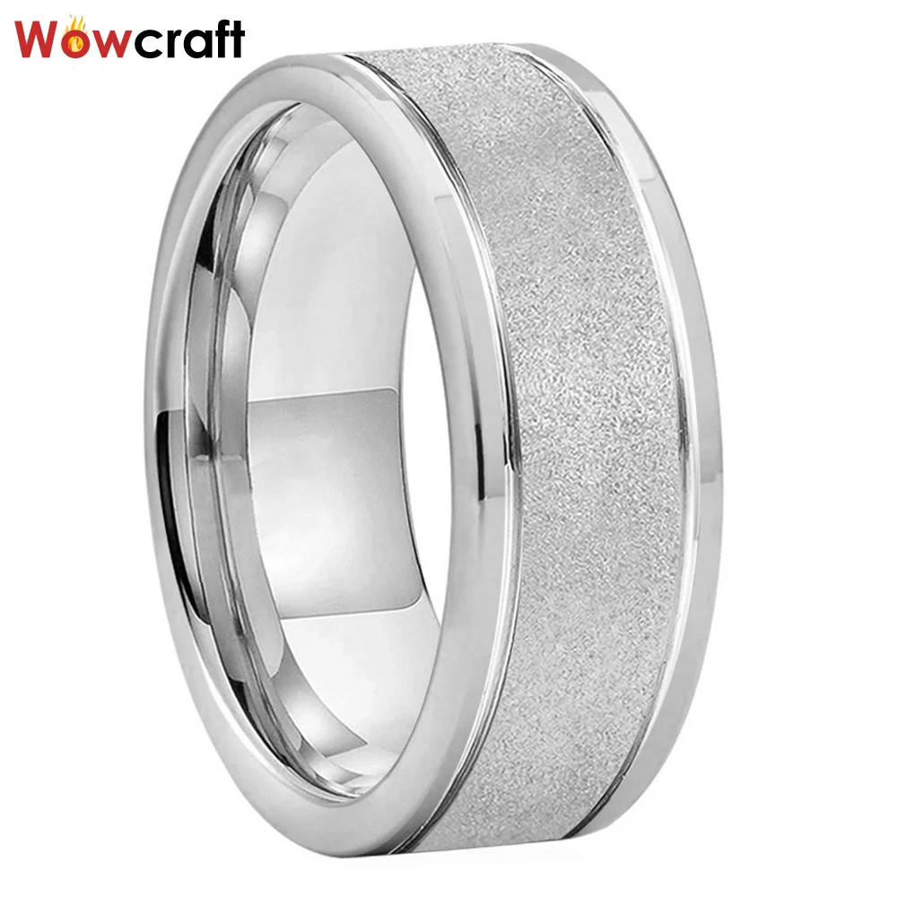 

8mm Sandblasted Tungsten Wedding Band for Men Women Trendy Engagement Ring Flat Double Grooves Comfort Fit