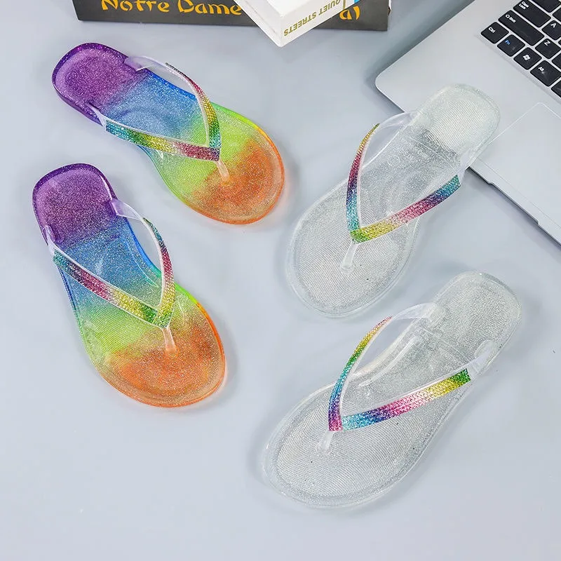 

Maogu 2023 Summer Flip-flops Female New Fashion Candy Color Outside Wear Girl Flat Bottom Crystal Slippers Transparent Sandals