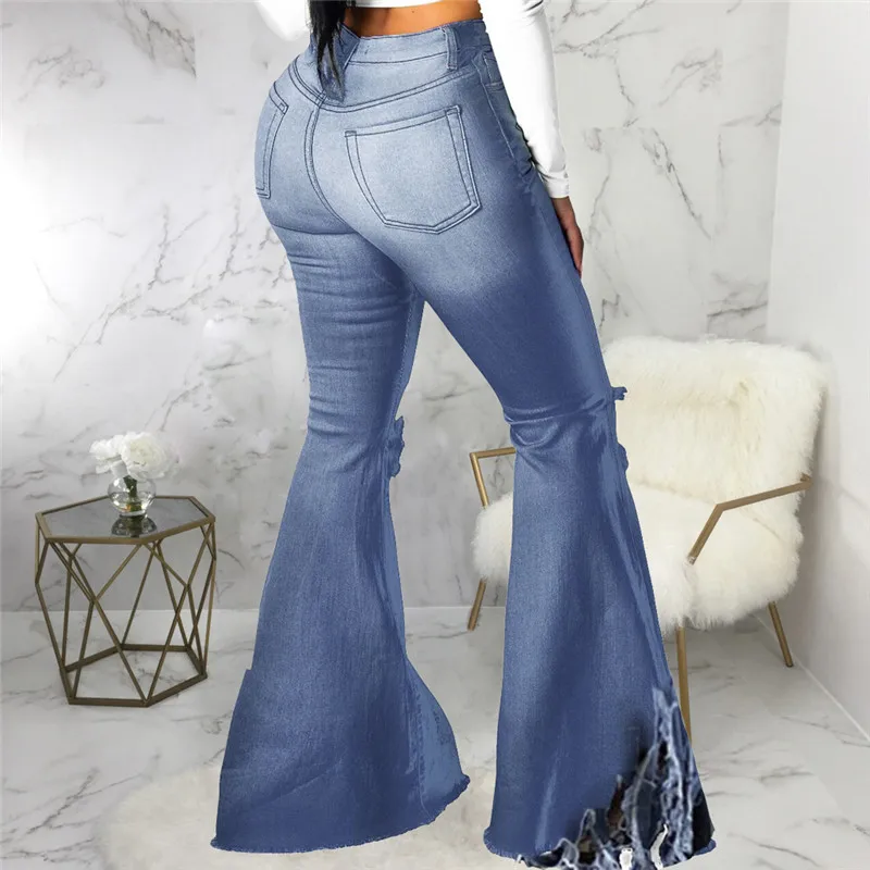 2021 Vintage Skinny Flared Denim Pants Women Streetwear Solid Cut Out Hole Ripped Jeans High Waist Tassels Plus Size Trousers