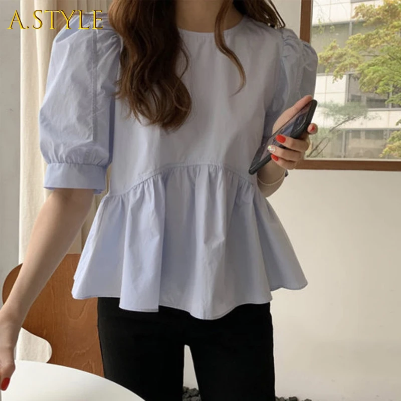 

A GIRLS Neploe Korean Sweet Fluffy Ruffle Blouse Women Vintage Puff Sleeve Temperament Shirts Fashion O Neck Simple Loose