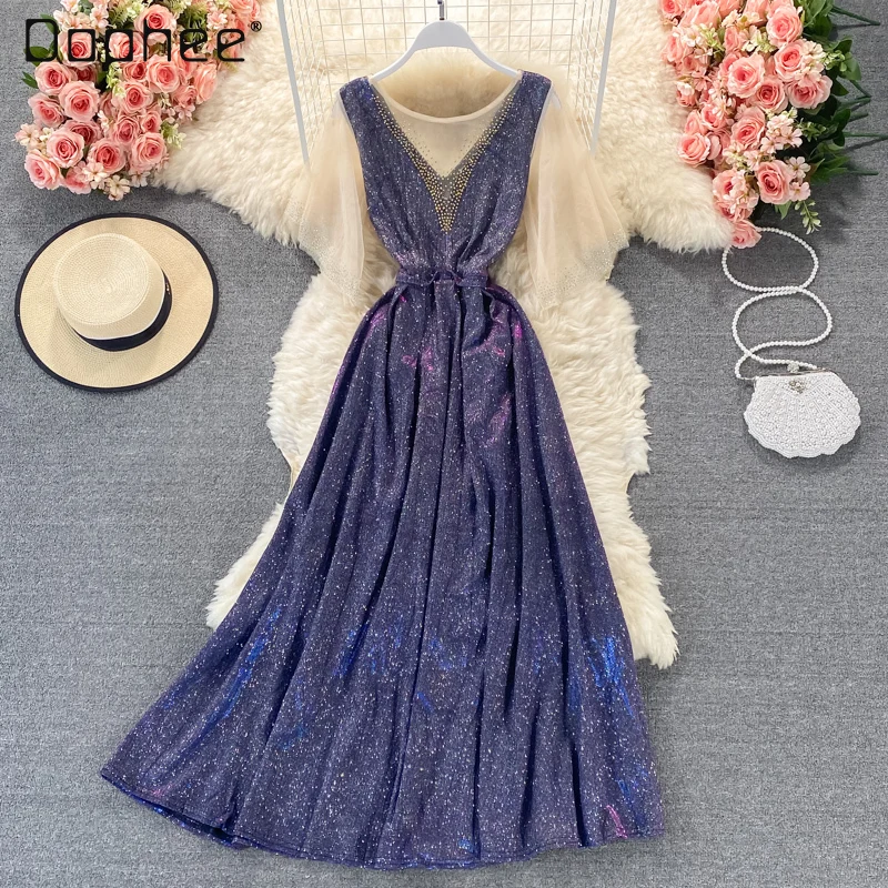 

Вечернее женское банкетное платье с блестящими шелковыми вставками