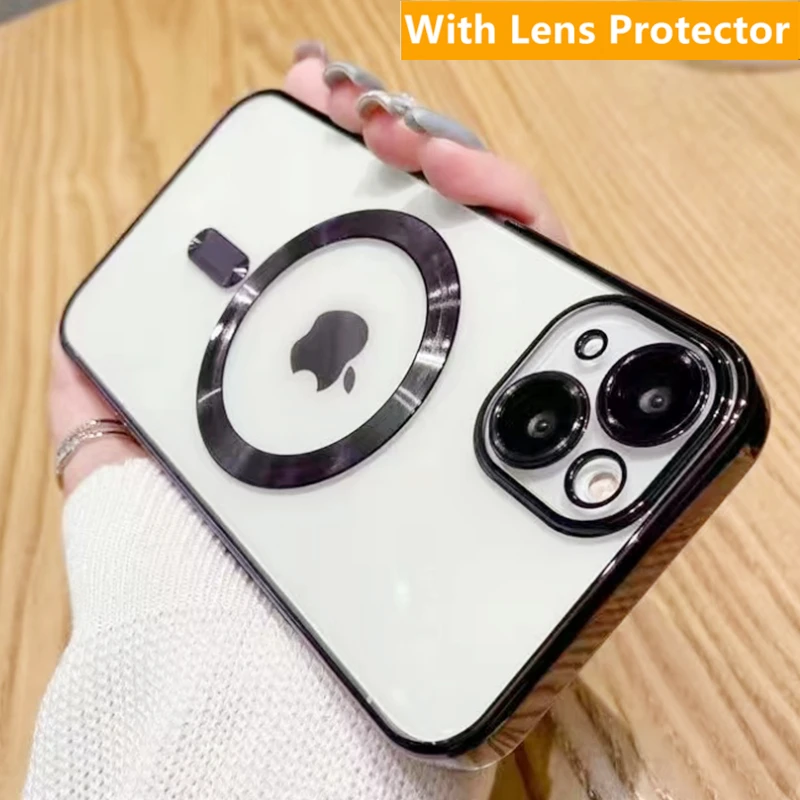 

Magnetic for iPhone 15 14 13 12 Case Compatible with MagSafe Full Camera Lens Protector Plating Luxury Cover Soft TPU Clear Case