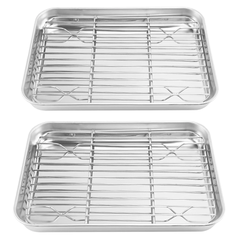 

New 2X 9 Inch Toaster Oven Tray And Rack Set, Small Stainless Steel Baking Pan With Cooling Rack,Dishwasher Safe Sheet