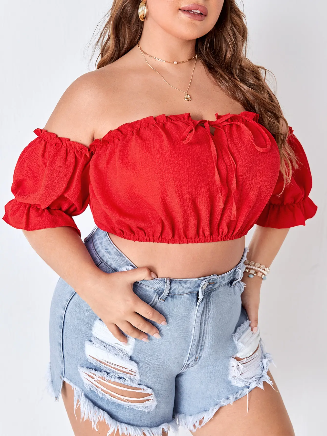 

Plus Off Shoulder Frill Trim Tie Front Crop Blouse Women Fashion One Neck Short Sleeve Pullover Tops Street Vintage Lady Blouse