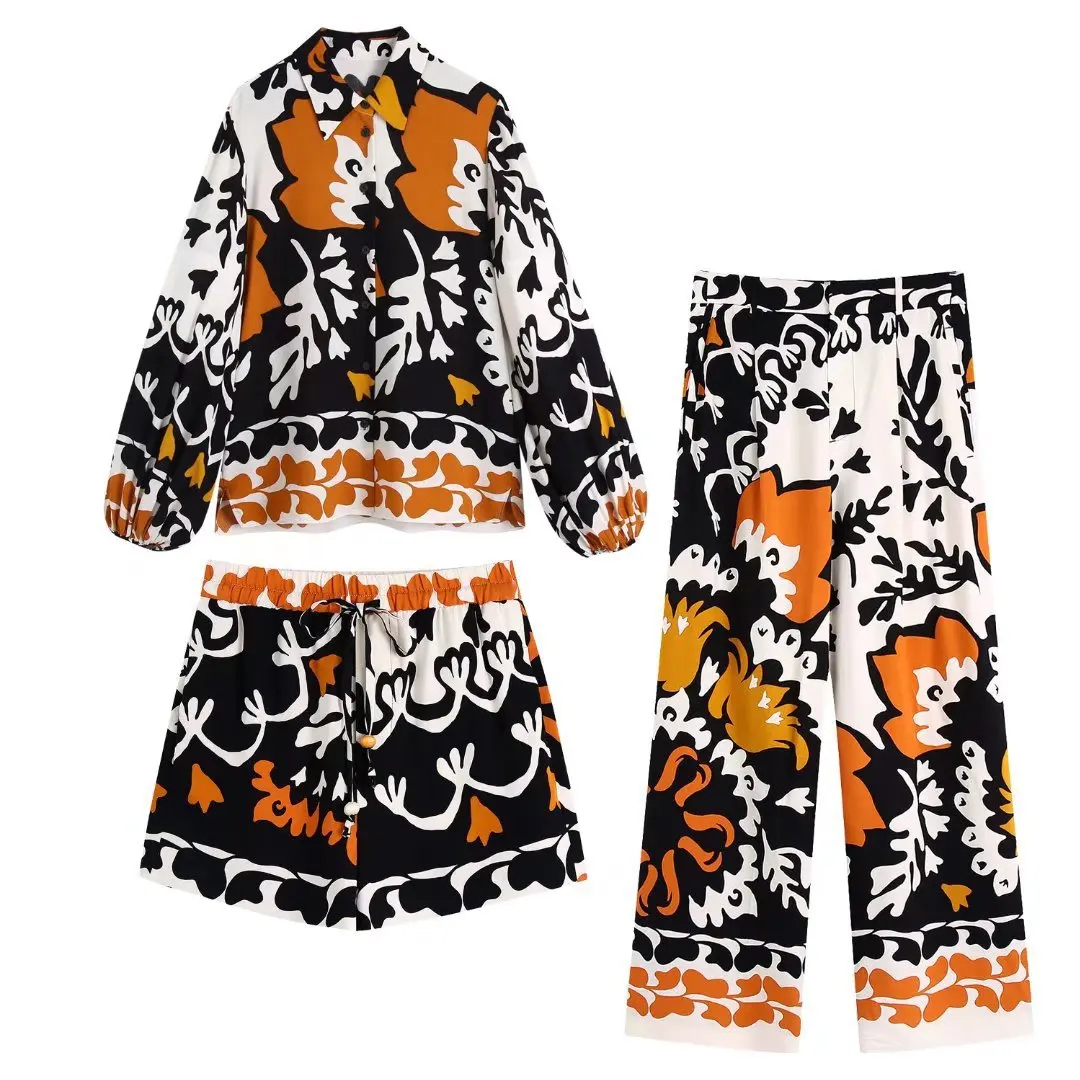 

Clothland Women Vintage Print Blouse Shorts Pants Set There Piece Set Long Sleeve Shirts Long Pants Retro Suits Mujer TZ278