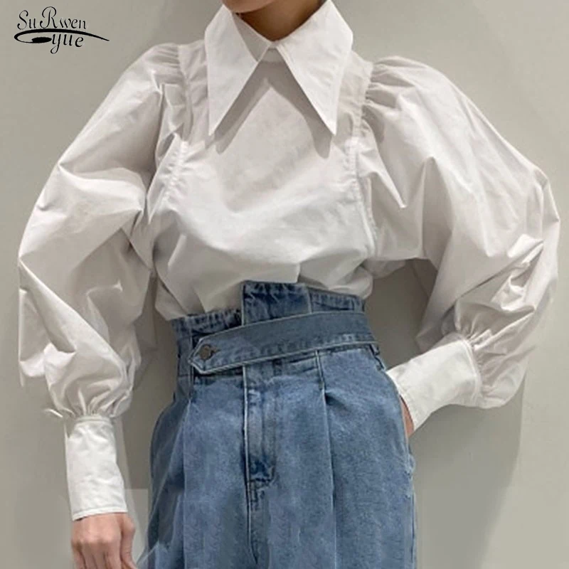 

Korean Turn Down Collar White Blouse Casual Clothes Spring Solid Lantern Long Sleeve Purple Office Lady Shirt Fashion Tops 19644