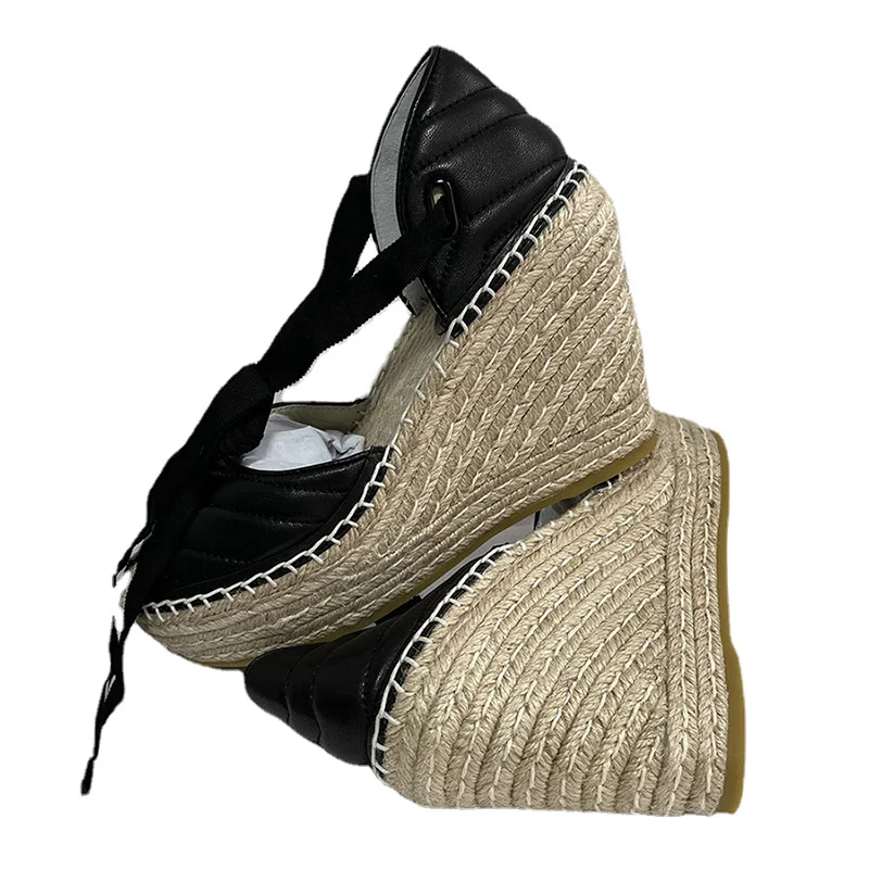 

2019 Early Spring Summer Straw Wedge Sandals Women's Muffine Platform Sandalias Real Leather Round Toe Fisherman Shoes Pumps