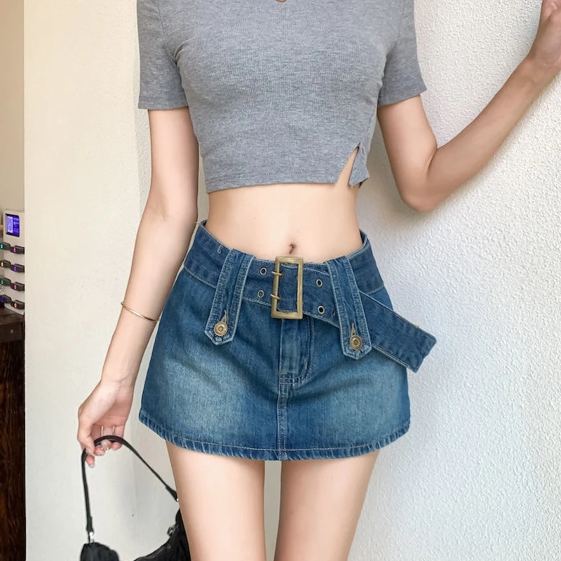 

Women Belted High Waist Denim Micro Mini Skirt A-Line Flare Hem Jeans Bottoms