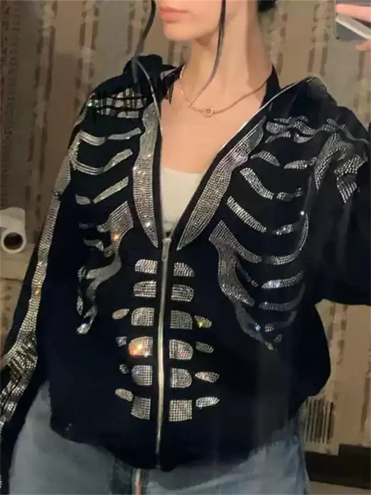 

Y2K Стразы худи Скелет женские готические черные свитшоты на молнии Осенняя Женская куртка с капюшоном в стиле Харадзюку уличные Топы