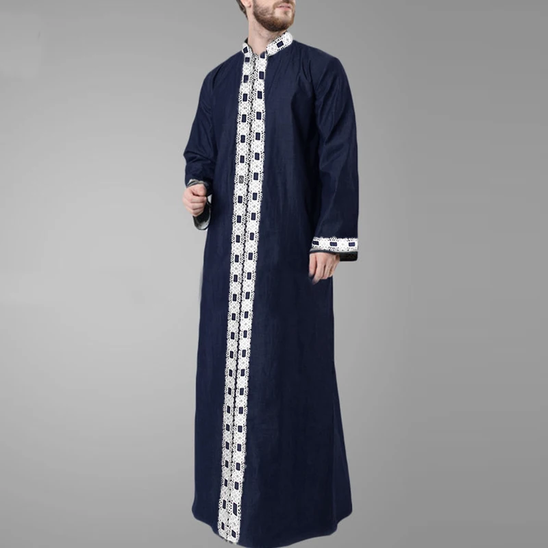 Islamic Middle East Arab Kaftan Men's Muslim Fashion Lace Panel Long Sleeve Jubba Thabe Fashion Dubai Qatar Abaya Four Seasons