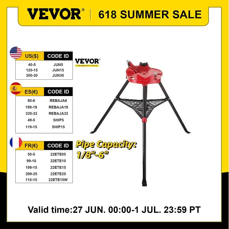 

VEVOR Tripod Pipe Chain Vise 6in Capacity Foldable Steel Legs Rubber Mounts Bib Tri-Stand Bench Vice for Cuttingt Copper Pipes
