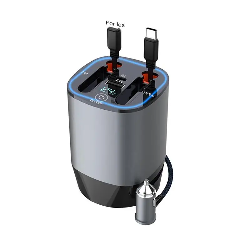 

Автомобильное зарядное устройство для сотового телефона, 100 Вт, автомобильное зарядное устройство для быстрой зарядки, 5 в 1 с двумя выдвижными кабелями, дисплей напряжения, автомобильный умный диффузор