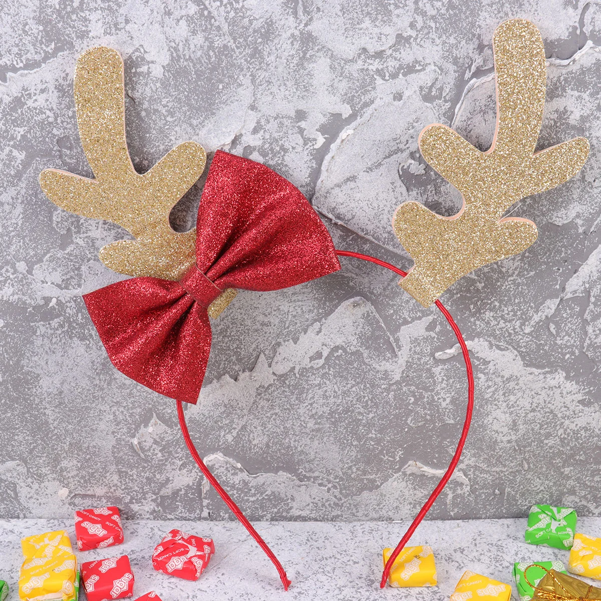 

2PCS Christmas Flocking Antler Headband Decorative Glitter Bowknot Hair for Party Children (Golden)