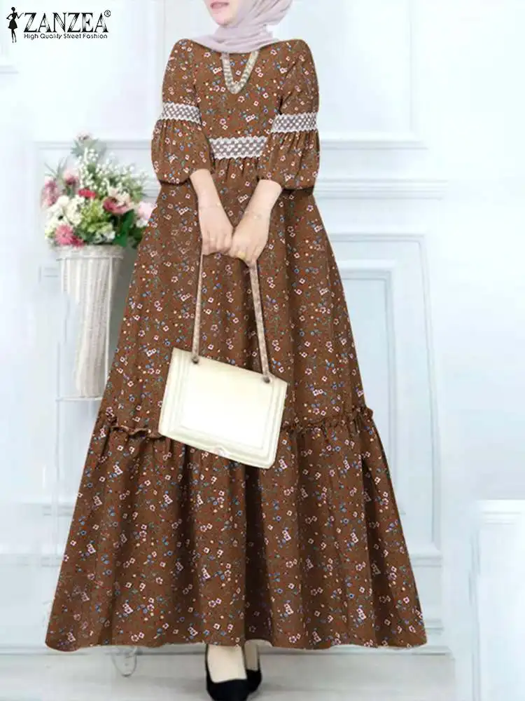 ZANZEA Eid Mubarek Muslim Sundress Bohemian Floral Printed Dress Long Sleeve O-Neck Woman Vintage Maxi Robe Ruffles Vestidos