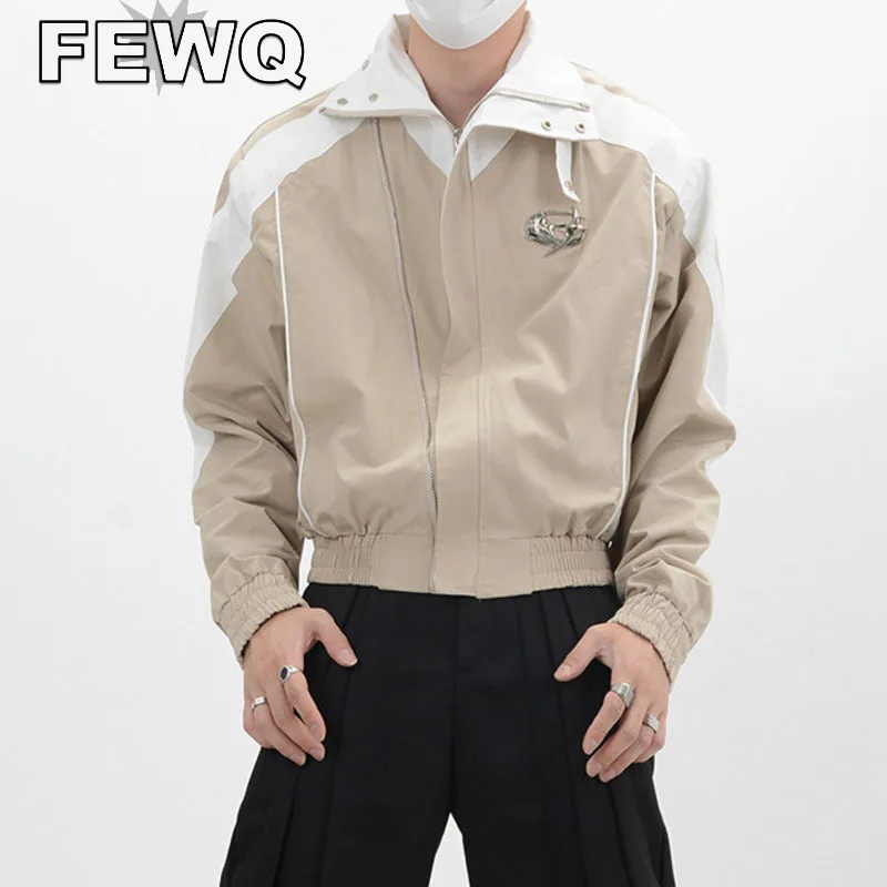 

FEWQ Lapel Motorcycle Suit Men's Patchwork Jackets Stitching Color Male High Street Metal Decoration Niche Design Coats 24B3375