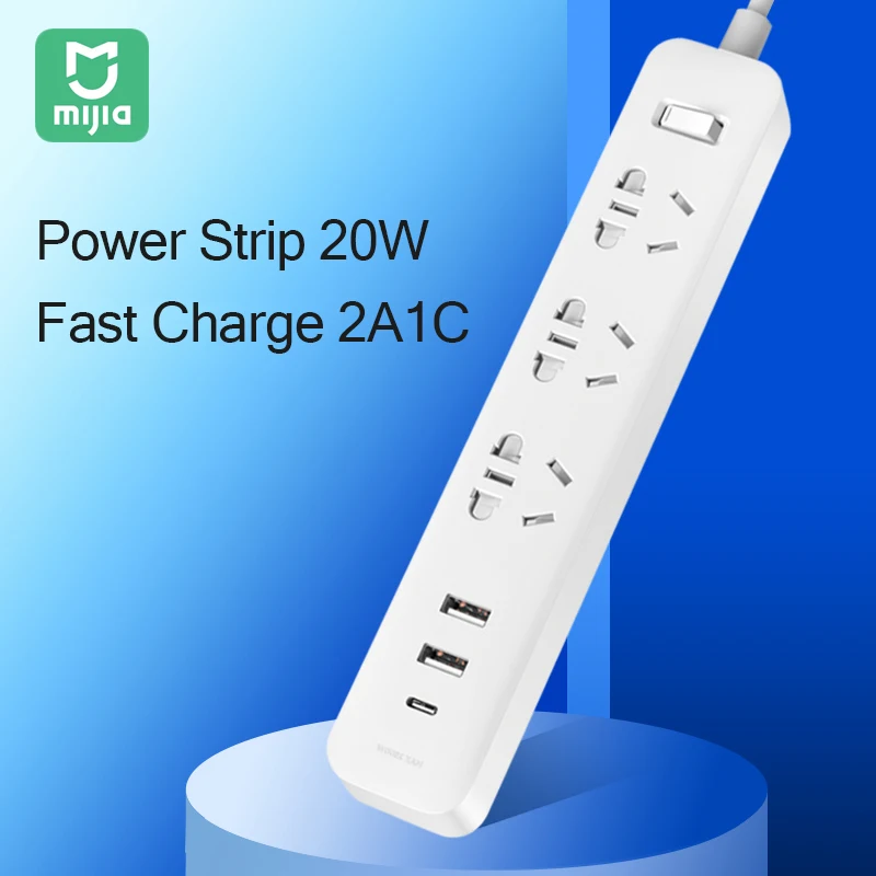 

Xiaomi MIjia Extension Socket 2A1C Version Power Strip 2 USB-A 1 Type-C 3 Electrical Plug 20W Fast Charging Interface Socket