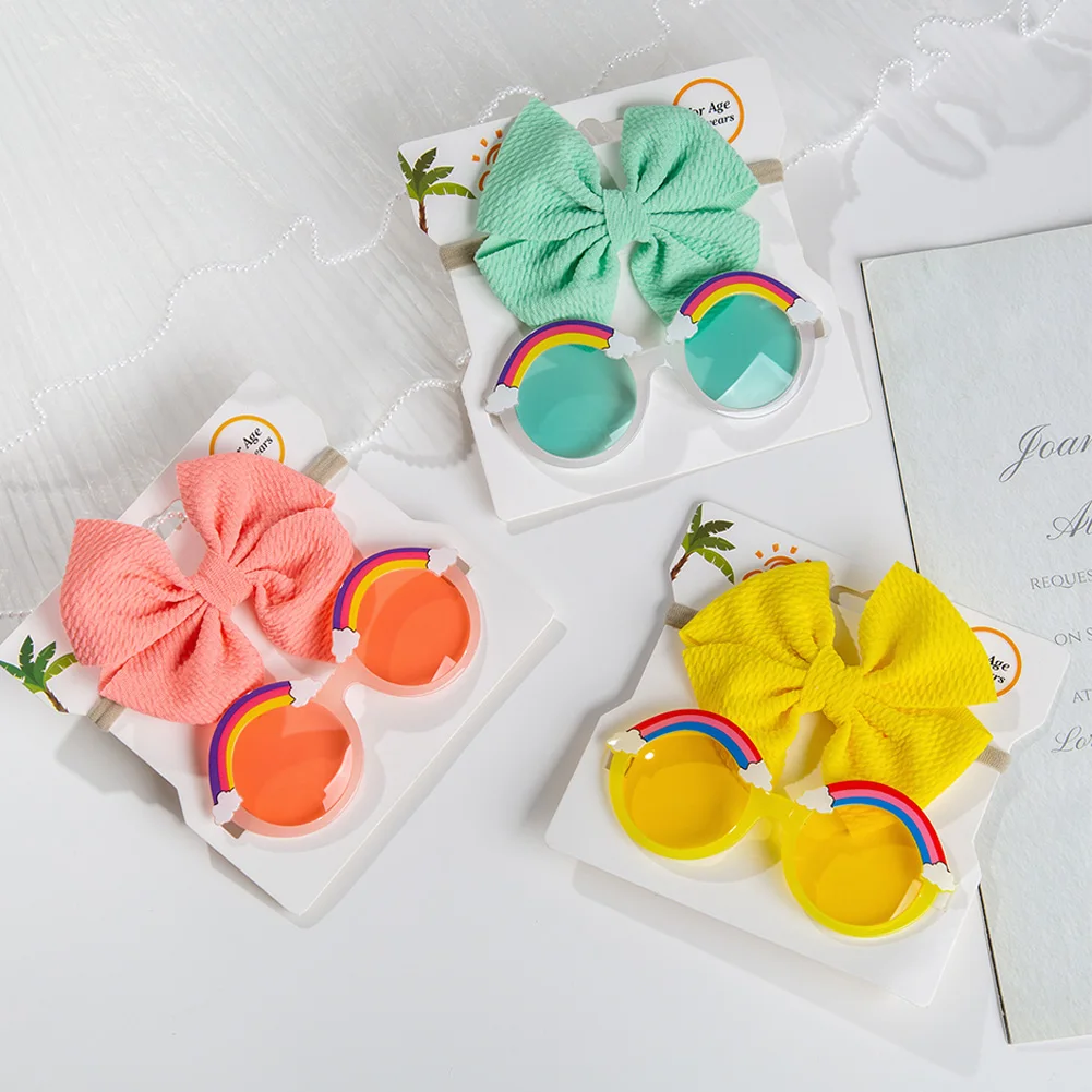 

2Pcs/Set Rainbow Baby Sunglasses Bullet Bow Elastic Nylon Hair Bands Kids Boys Girls Cute Sun Glasses Photography Props