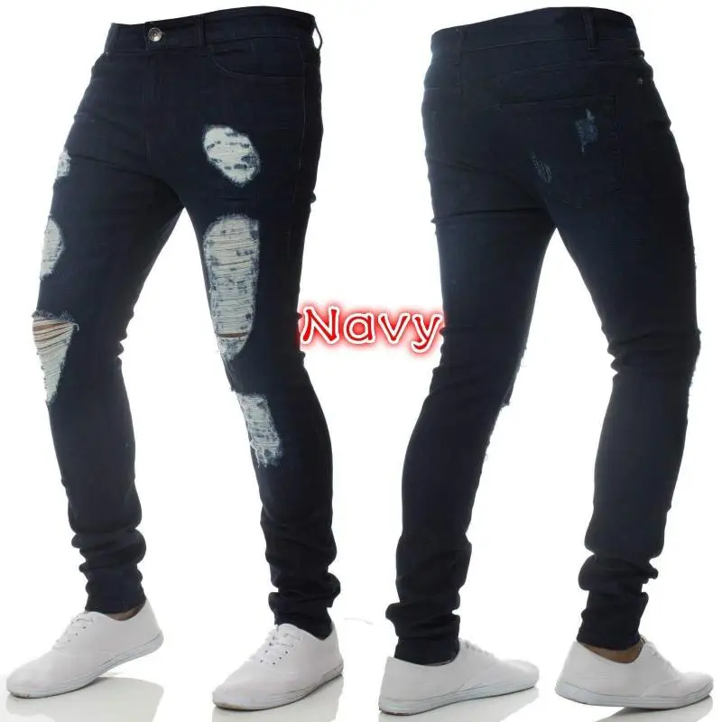 Men's Slim Fit Ripped Biker Pencil Pants Solid Color Frayed Male Pants Jeans Men Jeans Casual Fashion Long Pants Trousers