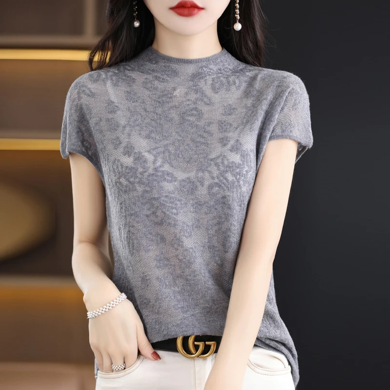 

New Worsted Wool Sweater Lace Short-sleeved Women's Pure Color Crochet Hollowed-out Shoulder-wrap Vest with Thin Inner Layer