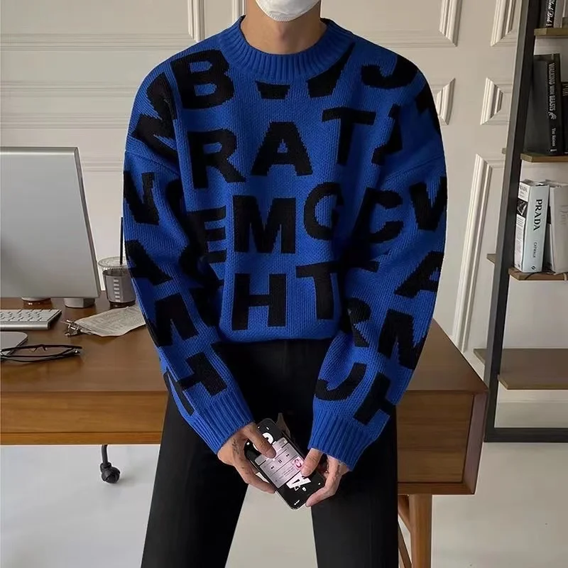 

Мужской шерстяной свитер с круглым вырезом, Свободный вязаный пуловер с буквенным принтом и длинными рукавами, повседневные пальто, зима 2023