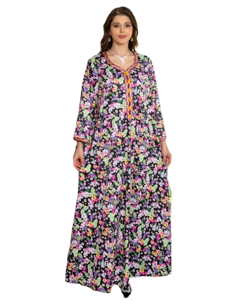 Modest Dress Elegant Casual Summer Floral Printed Long Dresses V-Neck Lace Tape Robe Muslim Women Abaya Dubai Clothing