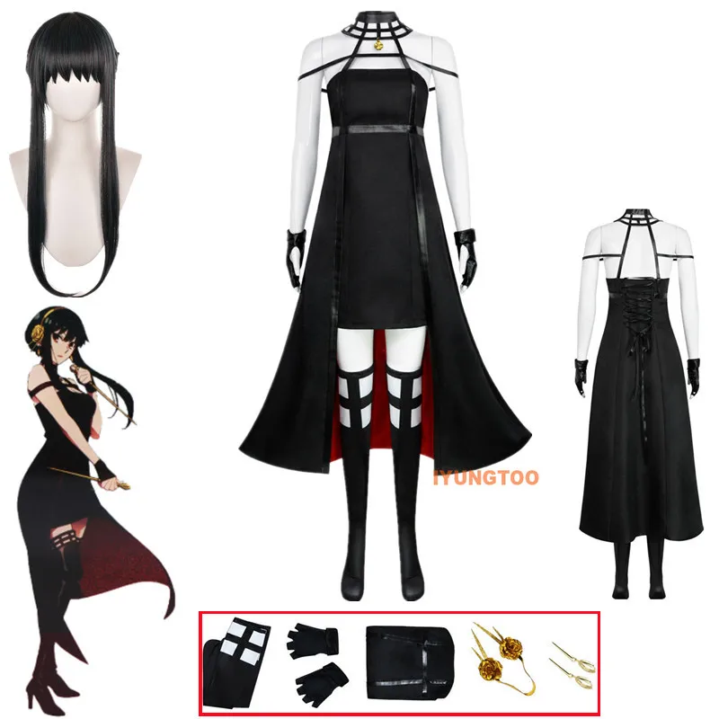 

Anime Spy X Family Yor Forger Cosplay Costume Dress Earring Black Outfits Halloween Carnival Suit Clothes